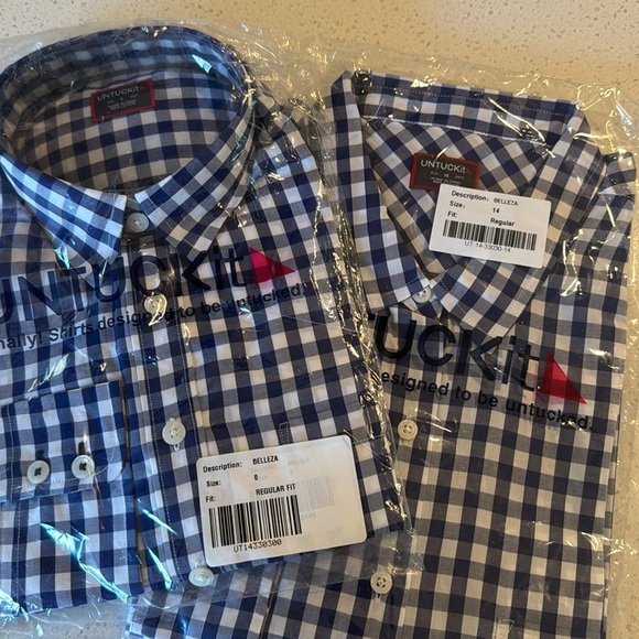 UNTUCKit Women's Belleza Button Up Long Sleeve Blue Gingham Shirt Navy White NEW - Picture 9 of 13